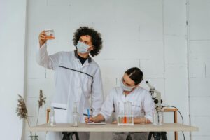 chemists working on anti yellowing agent in laboratory
