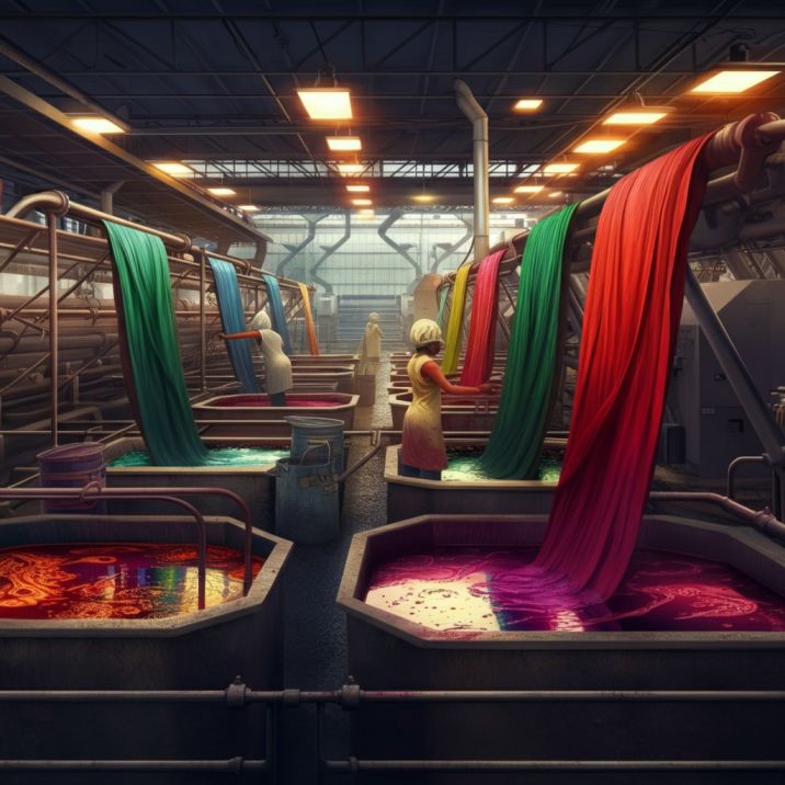 Colorful dyed fabrics hanging in a textile factory, showcasing vibrant hues from the dyeing process