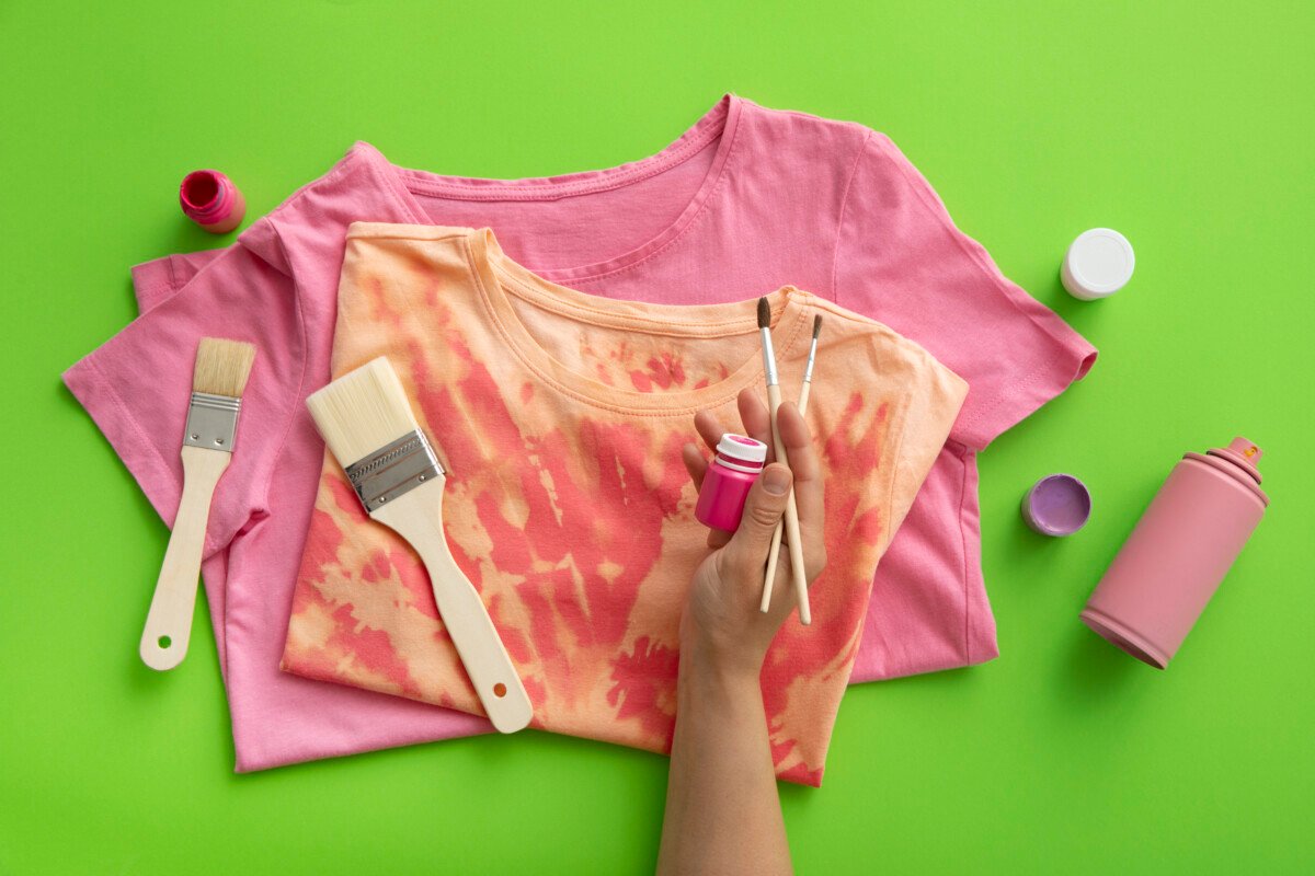 top view of hand painting t-shirt